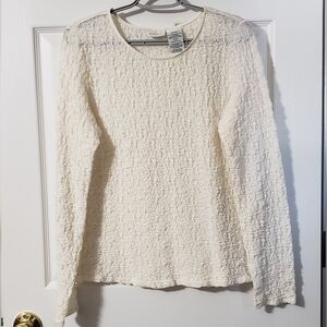 Women's White Stag Crew Neck Long Sleeve Sheer Textured Top